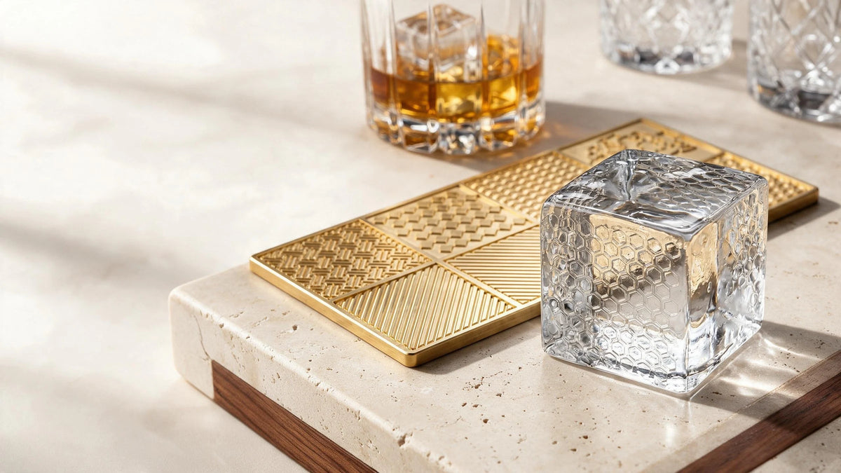 Textured clear ice with a personalized brass ice plate
